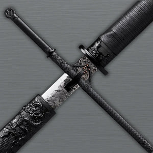 Close-up of dragon engraving on ninja sword