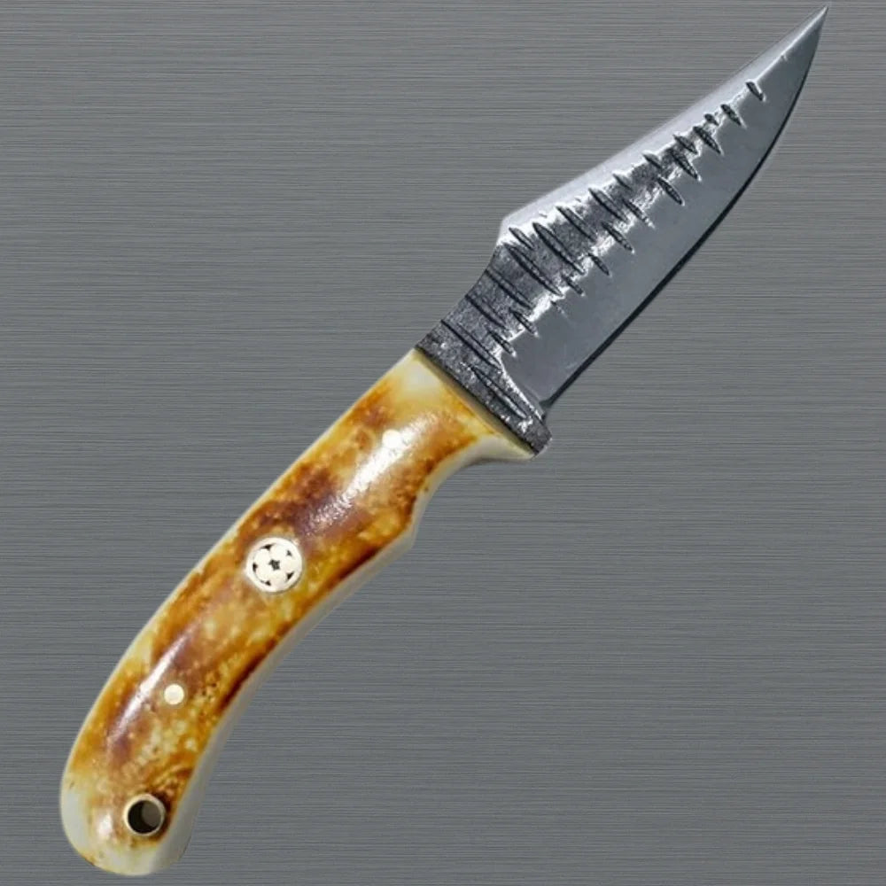 Carbon Steel Hunting Knife Leather Sheath & Bone Grip