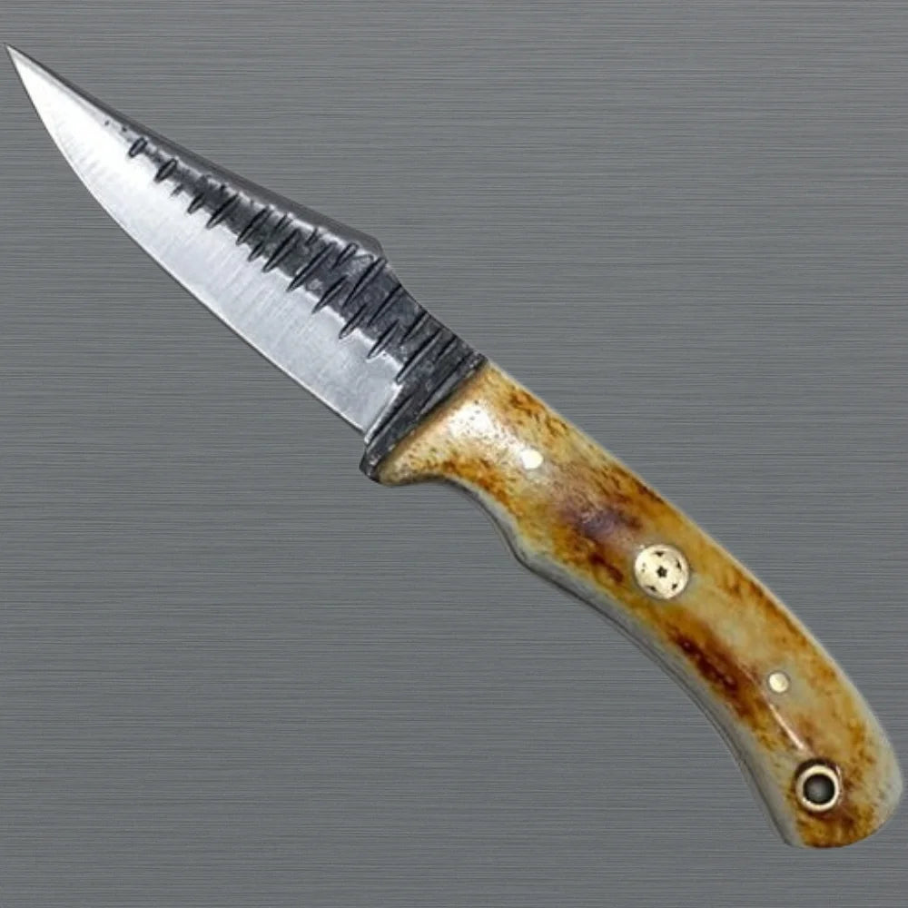 Carbon Steel Hunting Knife Leather Sheath & Bone Grip