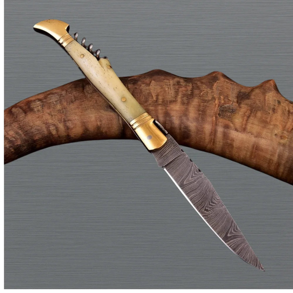 Corkscrew Damascus Folding Knife Handle Camel Bone