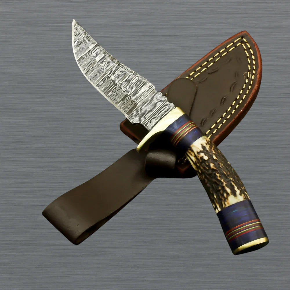Custom Made Damascus Skinner Knife Antler Handle & Sheath