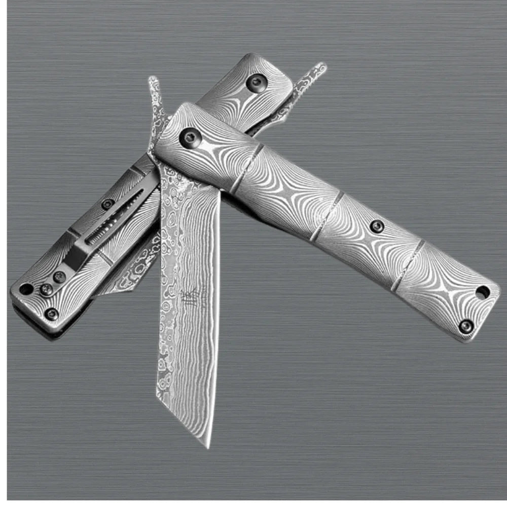 Damascus Folding Knife Bamboo Style with Clip & Sheath