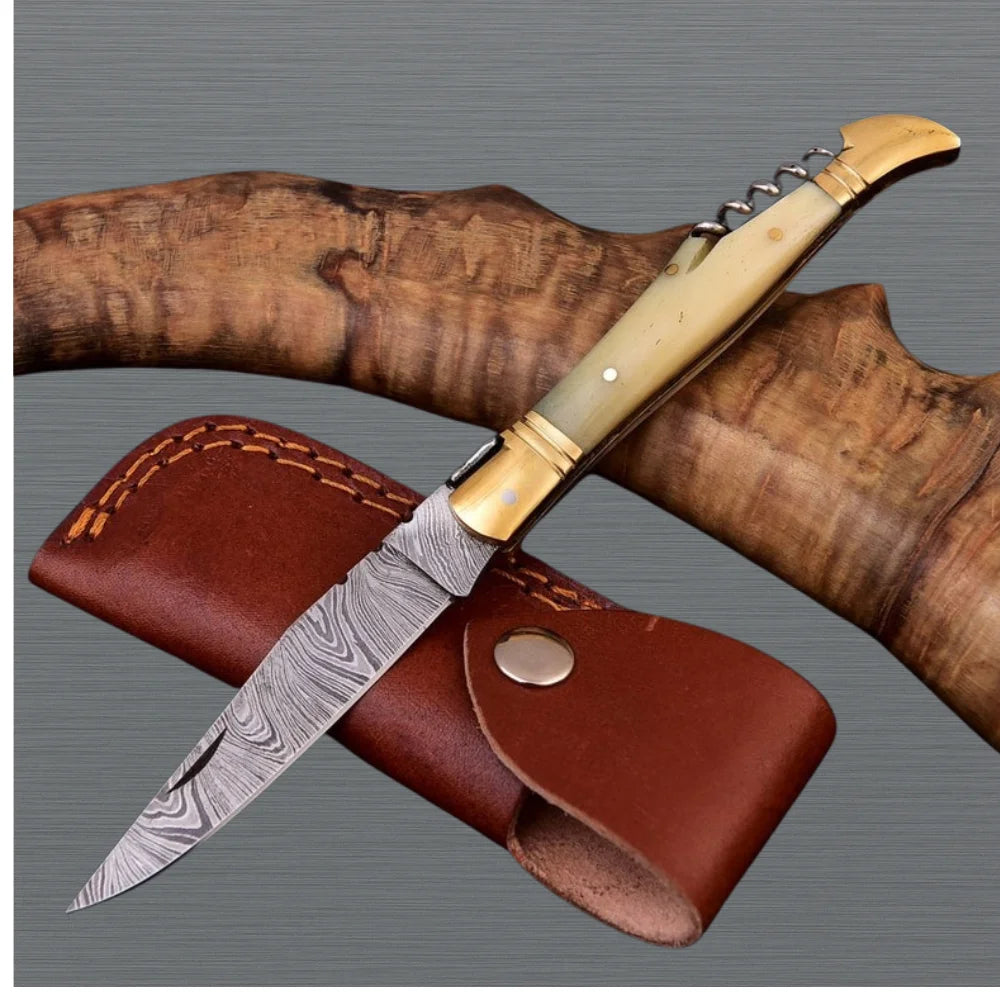 Corkscrew Damascus Folding Knife Handle Camel Bone