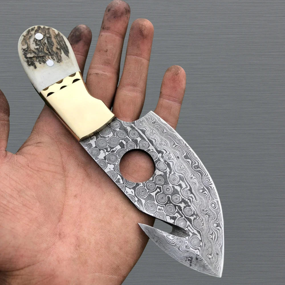 Damascus Guthook Skinning Knife with Leather Sheath