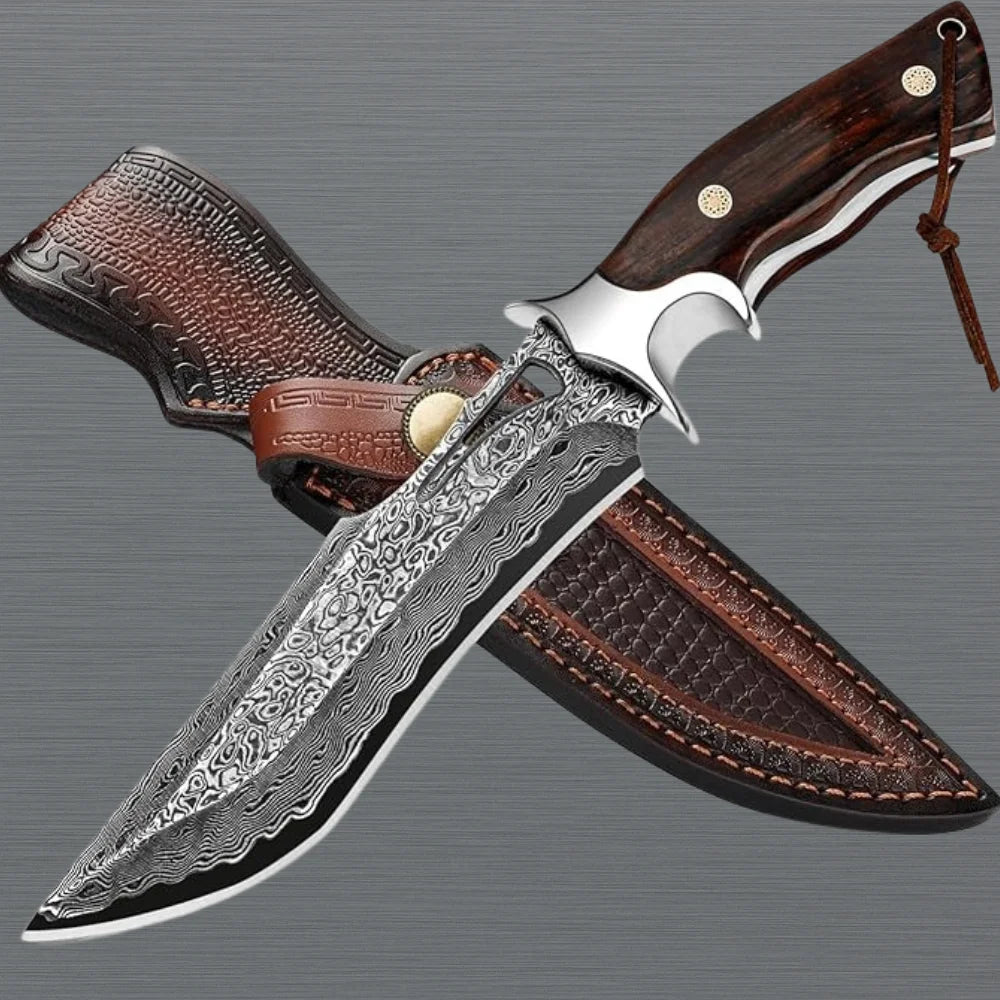 Full Tang Damascus Hunting Knife Rosewood Handle