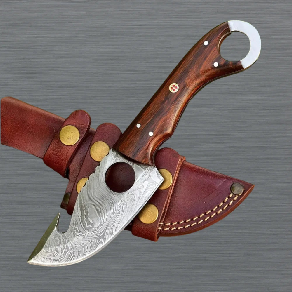 Full Tang Damascus Skinning Knife Gut Hook Blade