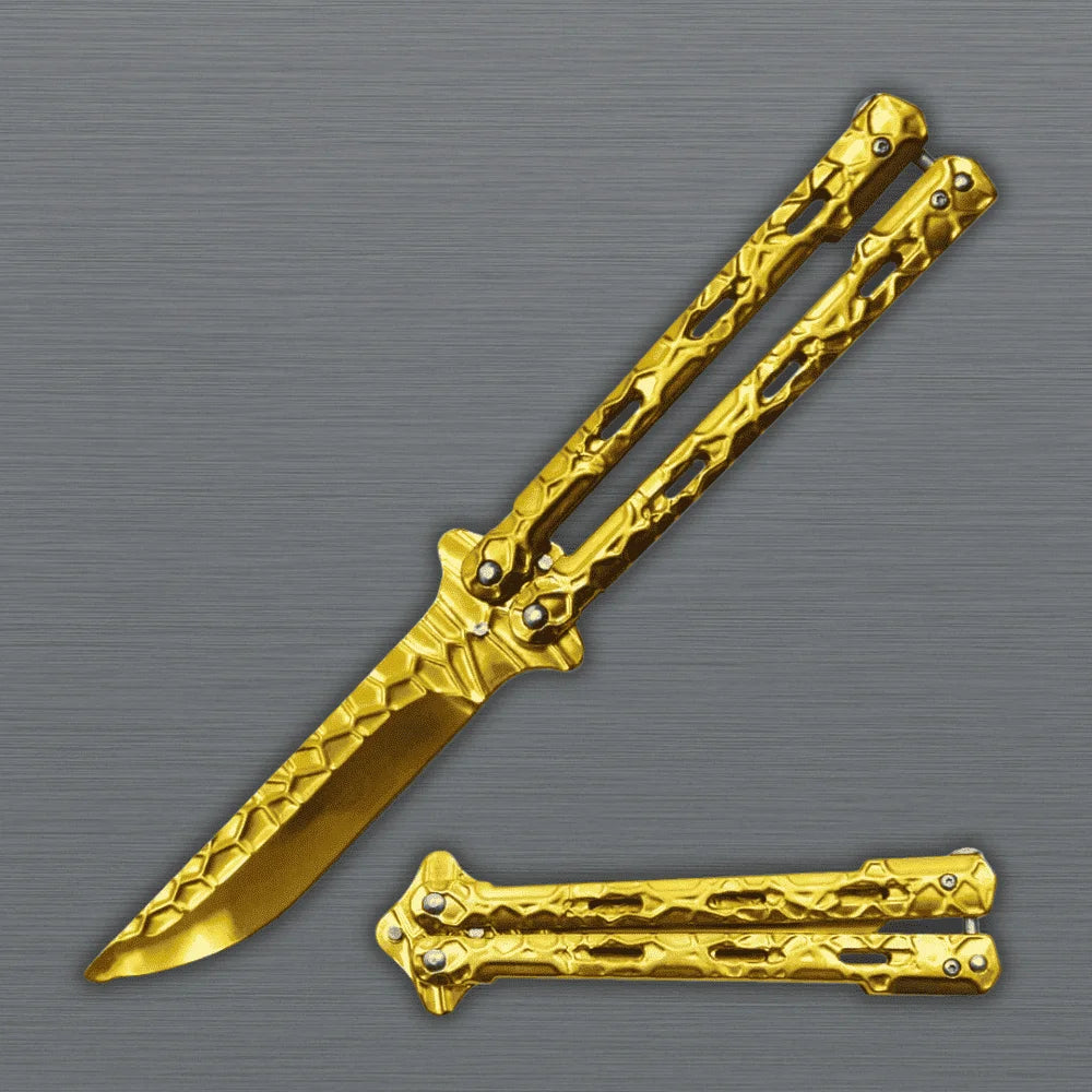 Gold Textured Metal Handle Dull Blade Butterfly Trainer 9" Knife