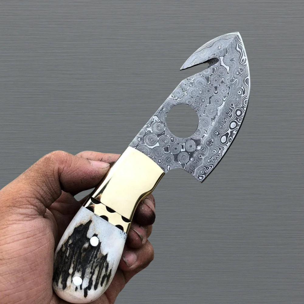 Damascus Guthook Skinning Knife with Leather Sheath