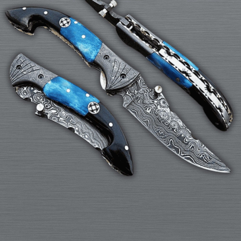 Handmade Damascus Folding  Knife Ram Horn Handle