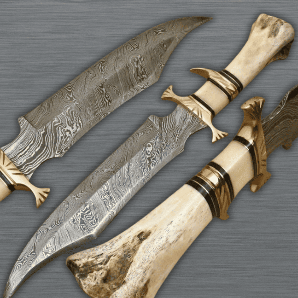 Handmade Damascus Hunting 16" Knife with Camel Bone Grip