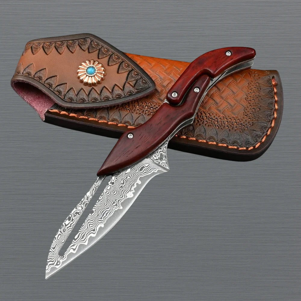 Sandalwood Handle Damascus Folding Pocket Knife