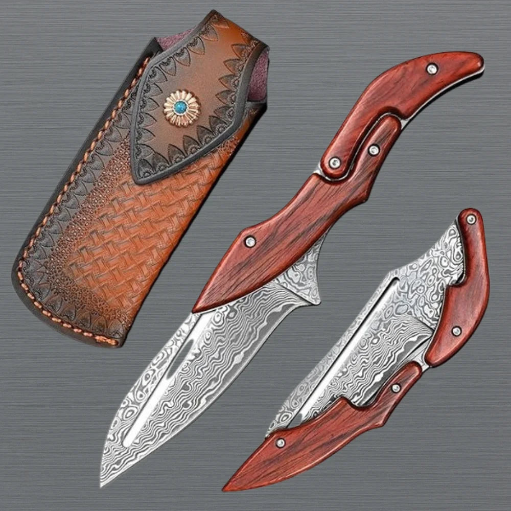 Sandalwood Handle Damascus Folding Pocket Knife