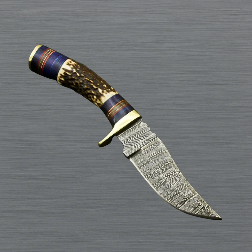 Custom Made Damascus Skinner Knife Antler Handle & Sheath