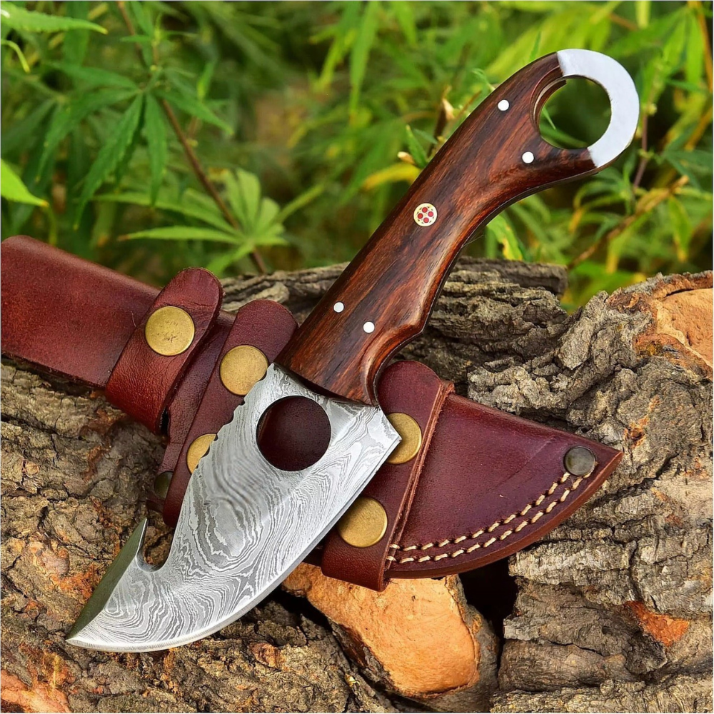 Full Tang Damascus Skinning Knife Gut Hook Blade