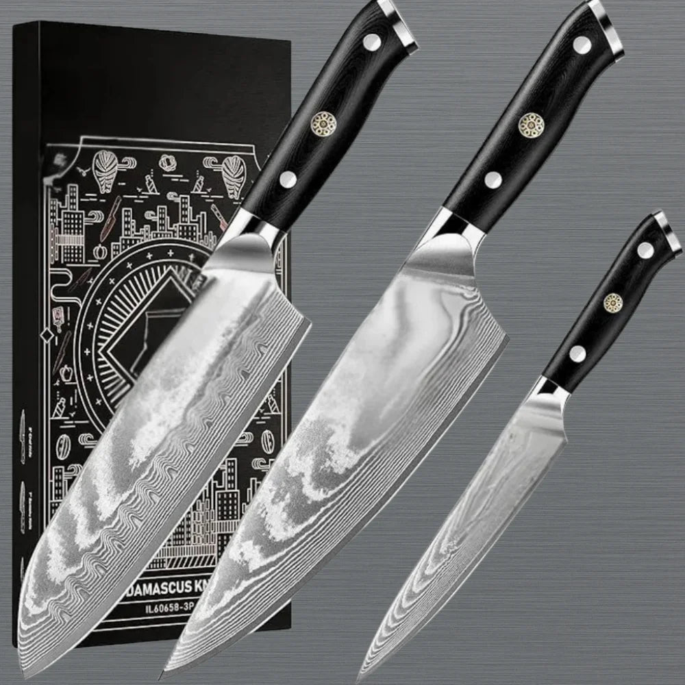 VG10 Steel 3-Piece Damascus Kitchen Knife Set with Gift Box