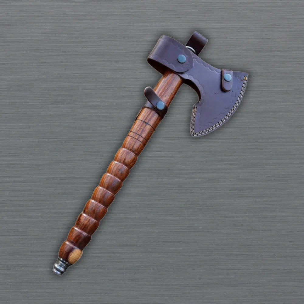 Hand-forged Viking tomahawk with pipe bowl front view