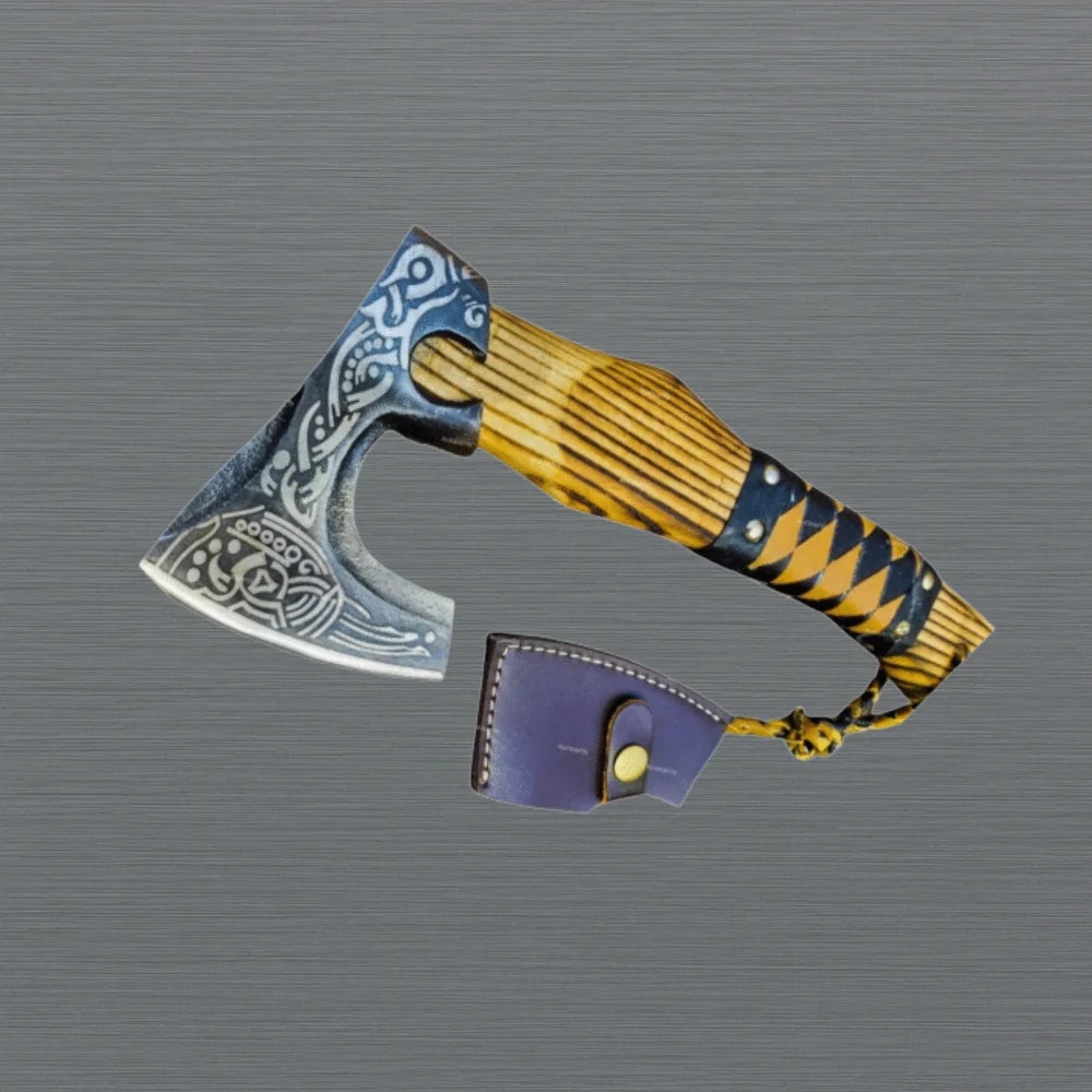 Viking throwing axe with engraved blade close-up