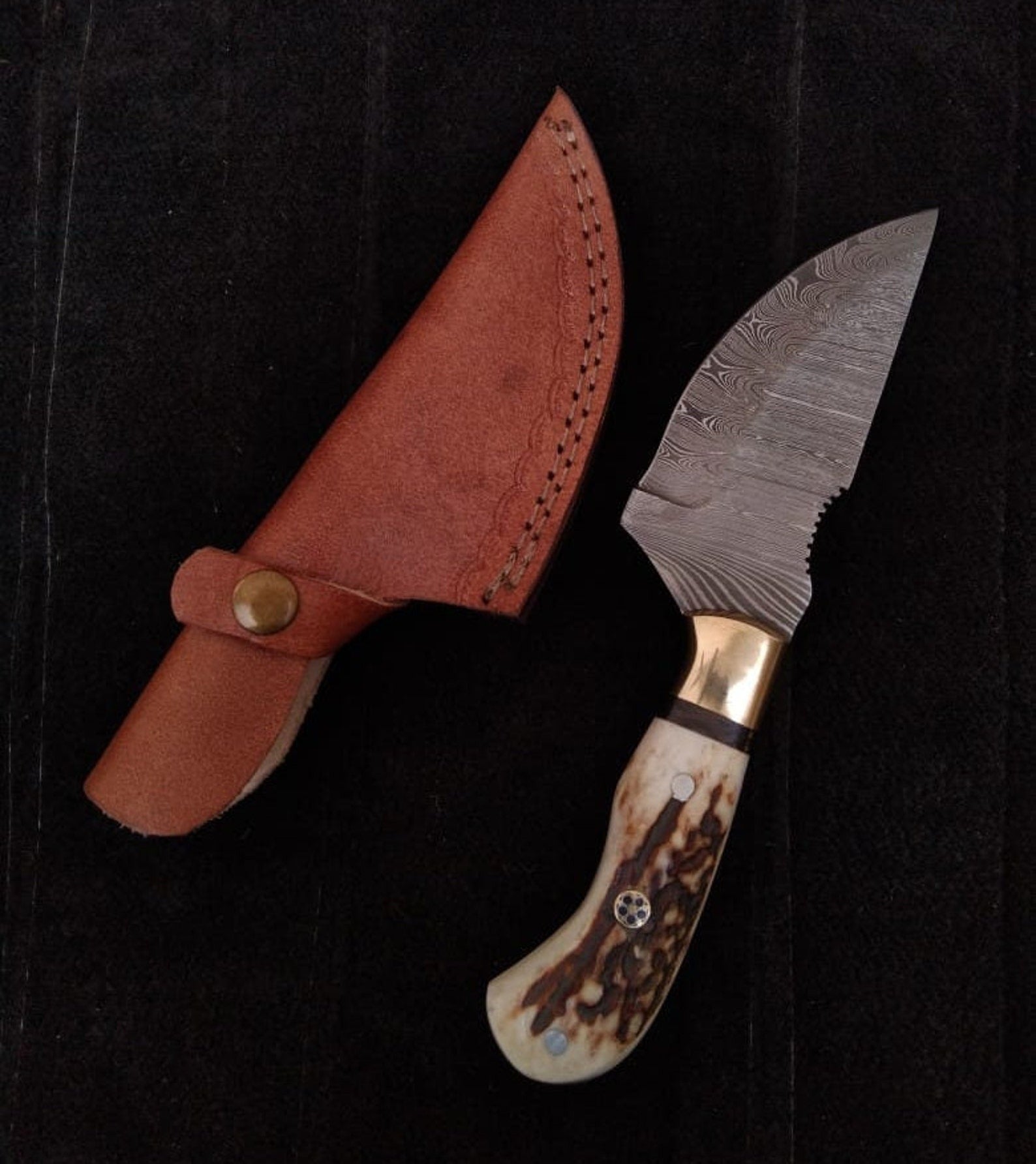 Damascus Steel Skinning Knife with Stag Horn Handle