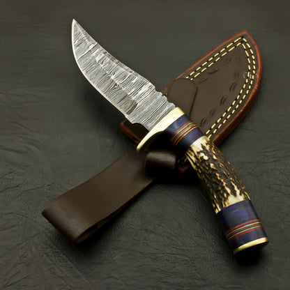 Custom Made Damascus Skinner 8" Knife Antler Handle & Sheath