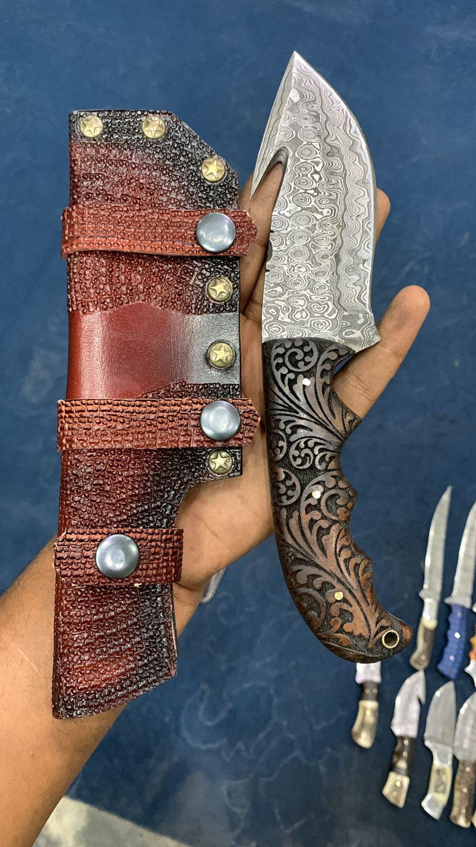Gut Hook Damascus Skinner Knife Camping Gift For Dad