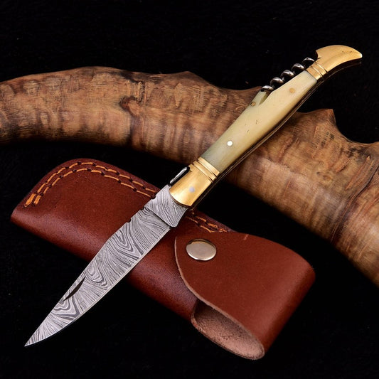 Corkscrew Damascus Folding 8.5" Knife Handle Camel Bone