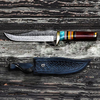 Custom Made Damascus Hunting 12" Knife with Wood Handle