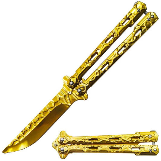 Gold Textured Metal Handle Dull Blade Butterfly Trainer 8" Knife